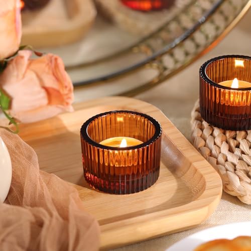 Lanttu Tealight Candle Holder Set of 12, Amber Small Votive Candle Holders for Table Centerpiece,Glass Tea Light Candles Holder for Party&Home,Wedding Decor - color: Amber