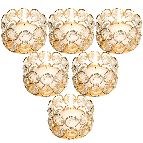 Potchen 6 Pieces Crystal Tealight Candle Holders Bulk, Votive Candle Holder Stands with Diamond Design for Table Centerpieces Wedding Party Home Decor and Holiday Favors (Gold) - color: Gold