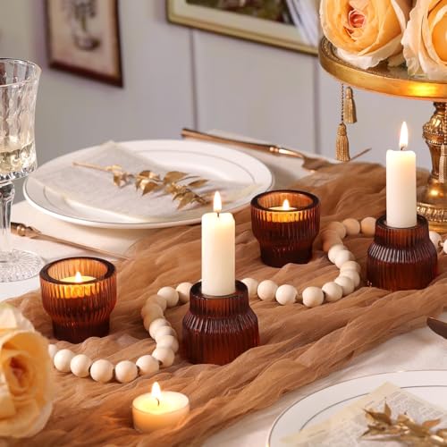 HAVITI 12 Pack Amber Taper Candle Holders, Glass Candlestick Holders, Tea Light Candle Holder for Fall Wedding Centerpieces Table Decorations, Votive Candle Holders for Table Decor - color: Amber