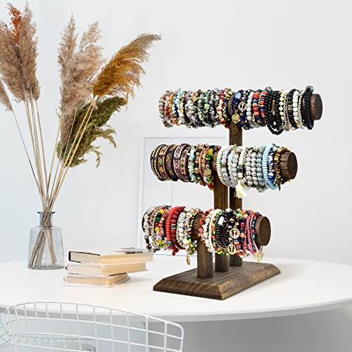 LadyRosian Wooden Bangle Display Holder Stand,3-Tier Wooden Rotating Jewelry Display Stand (Brown-3 layers) - color: Brown 3-Tier