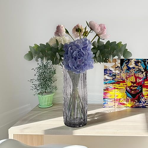 9.8 Inch Black Glass Vase, Glacier Glass Flower Vase, Boho Cylinder Ribbed Vase for Centerpiece, Living Room, Kitchen, Bookshelf, Dinner Table