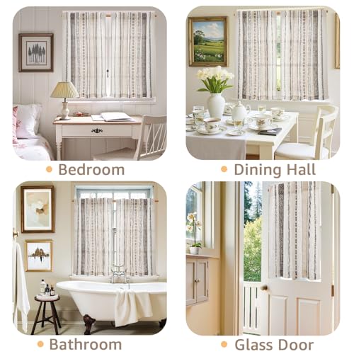 jinchan Boho Kitchen Curtains 24 Inch Linen Tier Curtains with Geometric Pattern Bohemian Cafe Small Light Filtering Window Treatment for Living Room RV Back Tab 2 PanelsBlack on Linen - color: Liora | Black on Linen, size: 26"W x 24"L (Pack of 2)