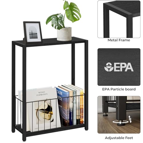 Homleke Narrow Side Table with Magazine Holder, Skinny End Table Perfect for Small Spaces, Space-Saving Design for Living Room, Bedroom, or Office, 7.1" D x 16.9" W x 23.6" H, Black - color: Black - Standard