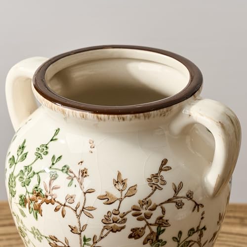 Green and Beige Antique Vase with Handles, Vintage Chinoiserie Floral Vase, Rustic Ceramic Vase for Home Decor, Living Room, Bookshelf, Office, Entryway, Garden, Chinoiserie Decor, Tuscan Decor - color: Beige and Green- 7.78"