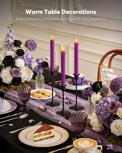 Homemory 6 Pcs Real Wax Purple Flameless Taper Candles with Remote Timer, 9.6 Inches LED Fake Candlesticks, LED Candle with 3D Flickering Flame for Romantic Wedding, Dinner, Xmas Anniversary Decor - style: Mysterious - Purple 9.6"