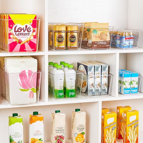 YIHONG 6 Pack Clear Pantry Organizer Bins, Plastic Containers with Handle for Kitchen,Freezer,Cabinet,Closet,Bathroom Under Sink Storage - size: L(11.2"L x 7.5"W x 6"H)