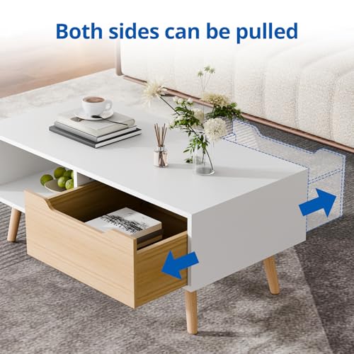 Cozy Castle Modern Coffee Table, Wooden Cocktail Table with Storage, Minimalist Hallway Table, Mid Century Modern Coffee Table for Living Room Apartment Reception, White - color: White