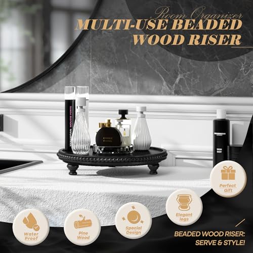 EOSAHR Rustic Round Pine Wooden Display Riser - Farmhouse Wood Riser with Beaded Edge for Plant Stand - Best Boho Chic Decor for Coffee Table , Pedestal Stand Soap Dispenser & Room Decor(Black) - color: Black