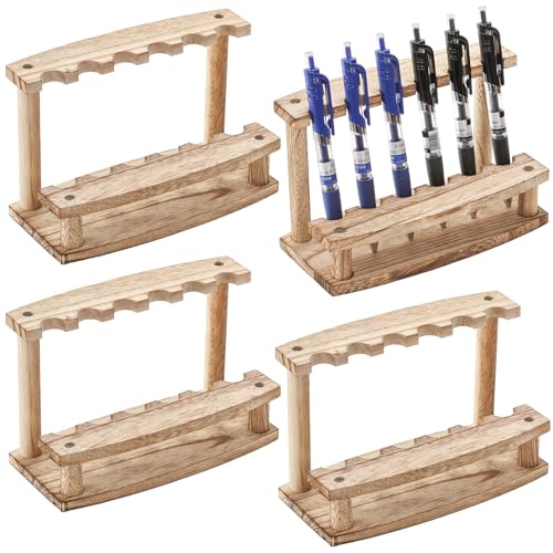 SOUJOY 4 Pack Wood Pen Display Stand, 6-Slot Pen Holder Rack, Eyebrow Pen Stand, Makeup Brush Rack Organizer for School Office Home Store