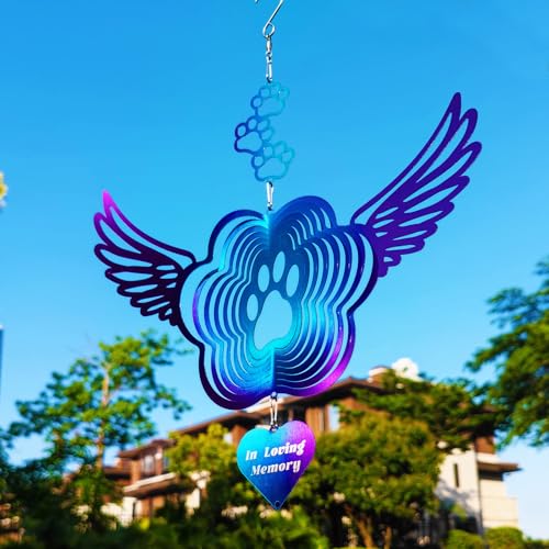 Pet Memorial Wind Spinners, Cat Memorial Gifts,Stainless Steel Angel Wings Pet Paw Print,Dogs and Cats Remembrance, Pet Sympathy,Pet Loss Bereavement Gifts - color: Purple-blue Paw Print