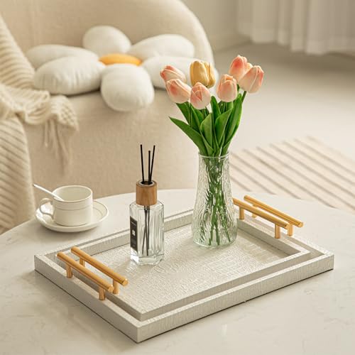 Modern Elegant Large Wood Serving Tray, Set of 2 Pearl White Crocodile Leather with Gold Polished Metal Handles, Home Decorative Rectangle Ottoman Platter Living Room Bathroom Vanity Tray - color: White