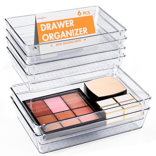 HOUSE DAY Desk Drawer Organizer Bins 6 PCS, 9*6*2" Clear Drawer Organizers with Silicone Pads, Vanity Organizers and Storage, Non Slip Plastic Drawer Organizer for Makeup, Bathroom, Kitchen, Office - size: 6 Pack -9x6x2"