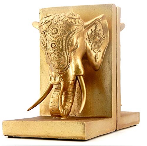 Bellaa 21817 Thai Elephant Bookends Pair - Antique Gold Polyresin 7 Inch Tall Decorative Bookshelf Decor