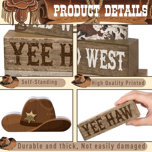 Yuntau 4 Pcs Western Tiered Tray Decorations Set Cowboy Hat Stack Block Signs Desert Farmhouse Rustic Tabletop Tiered Tray Decor for Table Shelf Home Office - style: Western Hat