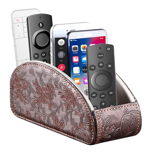 TV Remote Control Holder with 5 Compartments,Pu Leather Remote Caddy/Box/Tray Nightstand Desktop Storage Organizer Store DVD,Blu-Ray,Media Player,Heater Controllers, Makeup Office Supplies - color: Antique Flower, size: Large