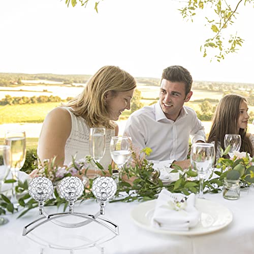 Crystal Candle Holders, 3 Arms Crystal Candelabras, Coffee Table Decorative Centerpieces for Living Room,Dinning Room Christmas Decoration, Wedding Decor,Home Decor,Wedding Gifts(Silver)