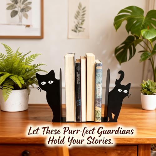 Peeping Cat Bookends Set of 2 - Heavy Duty Metal Bookends for Study & Office Bookshelf, Decorative Cat Lover Gifts, Non-Slip Book Organizers with Whimsical Peeking Cat Design