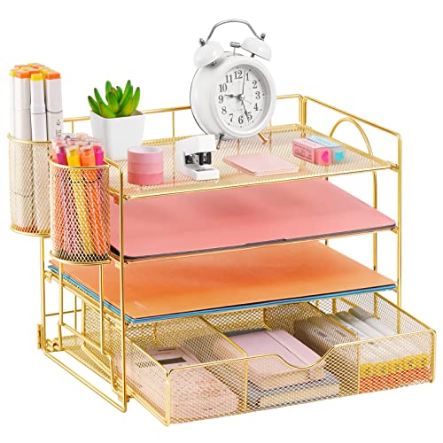 Lavatino Paper Letter Tray Organizer with File Holder, 4-Tier Desk Accessories & Workspace Desk Organizers with Drawer and 2 Pen Holder for Office Supplies (Gold) - color: 4 Tier - Gold