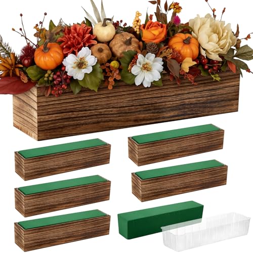 Dandat 6 Set Wooden Boxes for Centerpieces 16x4 Inch Rectangle Wooden Planter Box Rustic Wood Planter with Removable Plastic Liner Floral Foam Blocks for Centerpieces Home Wedding Garden Decor - size: 16x4 Inch