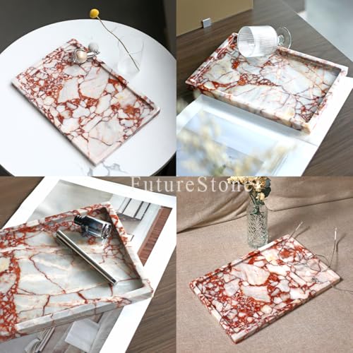 100% Natural Marble Serving Tray Luxury Marble Storage Tray for Home Decor Stone Tray for Bathroom/Kitchen/Vanity/Dresser,Plate Holder for Tissues, Candles, Towel - color: Marble Tray-calacatta Red