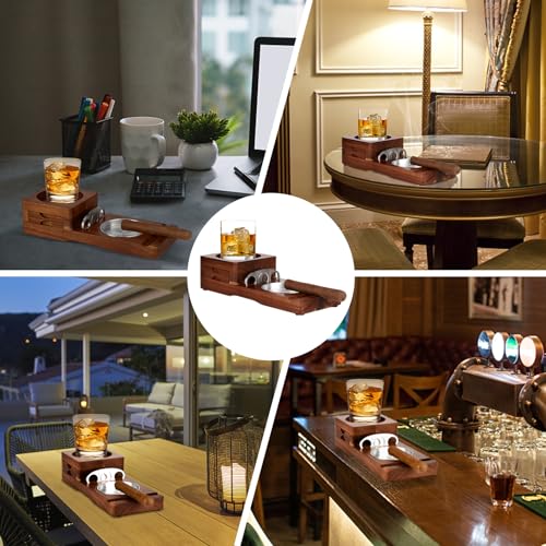 Scotte Ashtray Coaster Whiskey Glass Tray & Wooden Ash Tray with Cigar Cutter, Includes Drawer and Cigar Slot - Great for Home, Office or Outdoor Use (Deep Brown) - color: Deep Brown