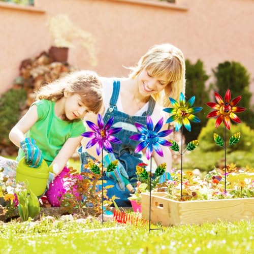 4 Packs Wind Spinner Outdoor, Pinwheels for Yard and Garden, Metal Flower Decorative Garden Stakes for Lawn Patio Porch Decor - size: Flowers-4Pack