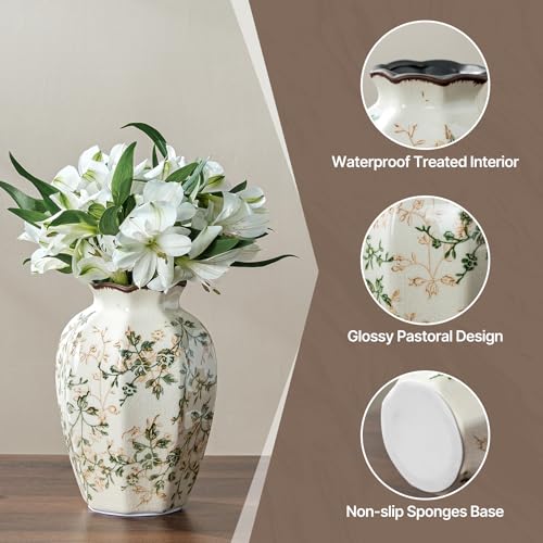 Ceramic Flower Vase | Green Rustic Farmhouse Vase for Home Decor, Vintage Floral Pottery Tuscan Octagonal Vase for Living Room & Kitchen, Mantel & Bookshelf, Centerpieces, Entryway, Wedding(6.7 Inch) - color: 03-green and Beige