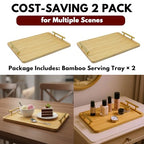 2 Pack Bamboo Serving Tray with Metal Handles, 15.8×11.4“ Solid Wooden Tray for Food, Rectangular Decorative Tray for Ottoman, Coffee Table, Living Room, Bathroom, Party