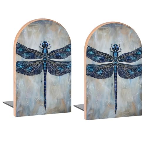 Blue Ethnic Dragonfly Book Ends Decorative Wood Bookends for Shelves Kids Room Desk Home Office Book Stoppers for Books, DVDs, 1 Pair/2 Pieces(5x3.1 in) - color: Blue Dragonfly