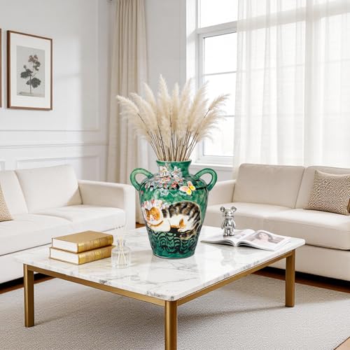10.5 Inch Ceramic Vase with Hand-Painted Cat & Floral Design, Green Decorative Flower Vase with Handles for Home Decor, Boho Table Centerpiece, Ideal Gift for Plant Enthusiasts - color: Green-cat