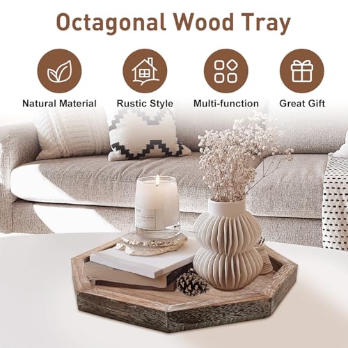 Large Wood Trays Home Decor Farmhouse Candle Holder Plate for Coffee Table Rustic Wooden Decorative Tray Vintage Table Centerpiece for Living Room Kitchen Counter Decor and Bathroom Accessories Trays - color: Octagon, size: 12"