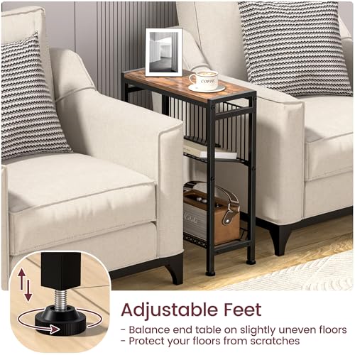 Narrow Side Table for Small Space, 3-Tier End Table with Magazine Holder,Slim Nightstand with Wire Shelf, Skinny Bedside Table in Living Room, Bedroom, Study, kitchen and Balcony (Rustic Brown) - color: Upgrade-rustic Brown