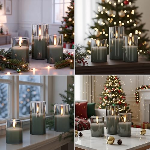GenSwin Glass Flameless Candles with Remote Battery Operated Flickering LED Pillar Candles Real Wax 3D Wick for Wedding Festival Home Decoration(Gray,Pack of 3) - color: Black