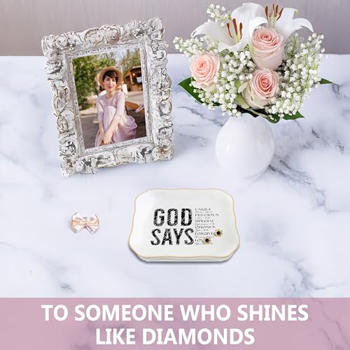 Christian Gifts for Women, Bible Verse Ceramic Jewelry Dish Trinket Ring Tray, Inspirational Floral Gift for Mom Sister Friend Birthday Christmas-God Says You are (White-God Says1) - color: White-God Says1