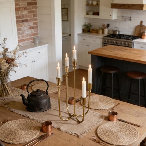 Cast Iron Candelabra 5-Taper Candle Holders, Candlestick Holders Tabletop Candles Stand, Decorative Table Centerpieces Mantel Decor, Antique Brass - color: 5-arm With Beads