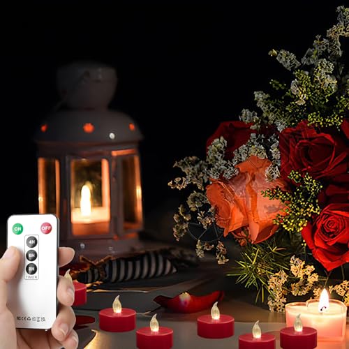 Hanzim Tea Light Candles with Remote Control,Flickering Flameless LED Candle,Long Lasting 400+Hours,Battery Operated with Timer for Home Decoration Seasonal &Festival Celebration(12pcs Red) - color: Remote-Red, size: 12pack