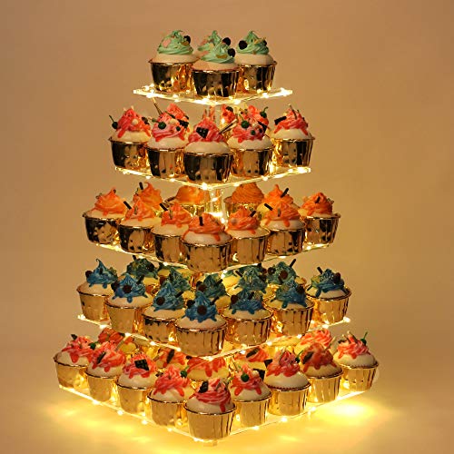 YestBuy 5 Tier Cupcake Stand for 60 Cupcakes,Clear Acrylic Cupcake Tower with Yellow LED Lights and 4.7" Clear Tiers, Perfect for Weddings, Birthdays and Dessert Tables - color: Yellow, size: 5 Tier Square