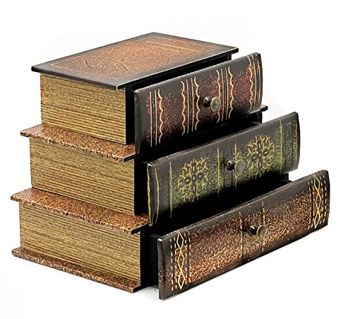 Bellaa 21093 Decorative Book Box with Drawers Hidden Storage Trinket Vintage Antique Flux Leather Wooden Boxes Organizer Retro Farmhouse Boho Home Decor 8 by 6 Inches - style: Country