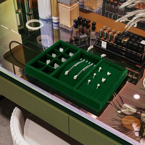 4 In 1 Velvet Jewelry Trays Jewelry Drawer Organizer Tray Stackable Jewelry Trays Necklace Bracelet Ring Earring Organizer Tray (Green) - size: 4-in-1 Tray for Multiple Jewelry