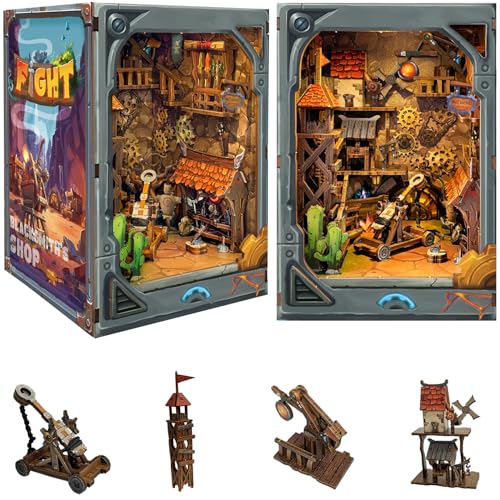 Roroom DIY Book Nook Kit, DIY Dollhouse Bookshelf Insert Decor Alley,3D Wooden Puzzle with LED Lighting Book Nook Wood Bookend Model Building(SQ40) - color: Sq40-mining Zone Fortress