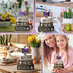 Yuntau 4 Pcs Easter Decorations He Is Risen Wooden Sign Christian Table Centerpiece Religious Cross Tiered Tray Decor Decorative Faux Book Stack Block for Table Fireplace Mantel Floating Shelf - style: Easter