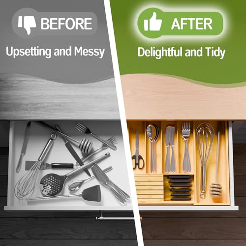 Bamboo Kitchen Silverware Drawer Organizer - Expandable Wood Utensil Holder with Dividers, Luxury Cutlery Storage Tray for Kitchen Utensil and Flatware (5-7 Slots with Removable Knife Block, Natural) - color: Natural