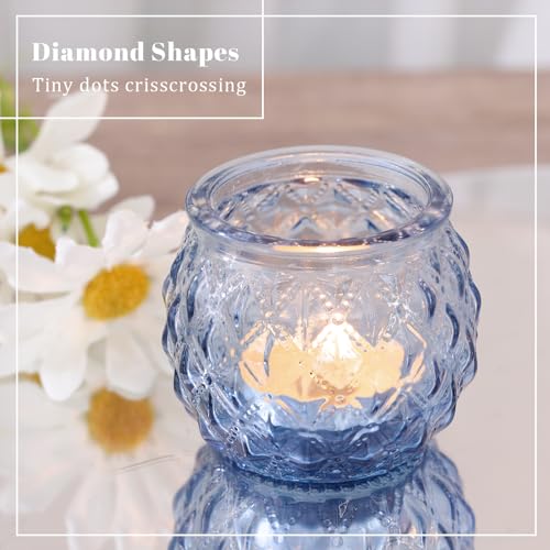 Generic DARJEN 12Pcs Blue Votive Candle Holders - Round Glass Candle Holders Bulk for Tea Light Candle, Diamond Texture Candle Votives for Wedding Centerpiece, Party & Home Decor