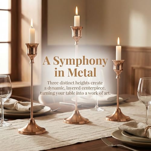 Set of 3 French Gold Tapered Candle Holder,Candlestick Tall Metal Candlestick Holders for Table Centerpiece Home Decor for Wedding Fireplace Mantel Housewarming Gift Fits 3/4 Inch Thick Candles - color: French Gold