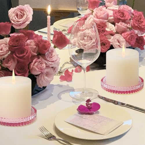Glass Pillar Candle Holder, 4" Pink Candle Plates Set of 3, Glass Candle Holders for Wedding, Party, Holiday, Home Decor, Table Centerpiece - color: Pink, size: 3 pcs