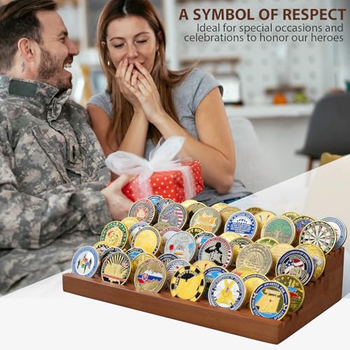 Challenge Coin Holder, 9 Rows Solid Wood Military Coin Display Stand Holds 60 Coins, Army Coin Rack Display Case for Desk Display