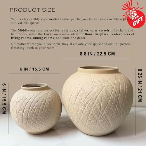 Large Carved Rustic Farmhouse Vase Home Decor - 8.8 in Ceramic Boho Decorative Vase for Decor, Round Clay Beige Terracotta Bowl vase for Living Room, Table, Shelf, Centerpieces - style: 03 - Large Rustic Carved Beige