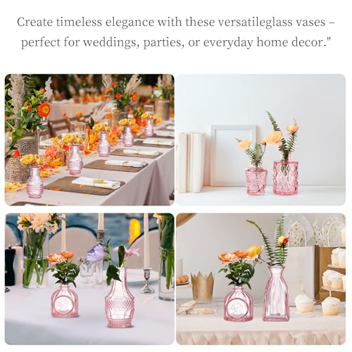 Glass Bud Vases Set of 16 - Pink Assorted Small Mini Glass Vases for Flowers, Crystal Vintage Vase Set, Bulk Centerpieces for Table Décor, Wedding, Home and Events (Pink, 16 Pcs) - color: Pink, size: 16 Pcs