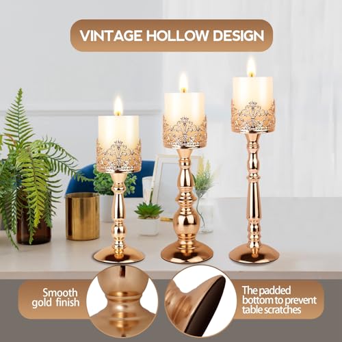 Candle Holders for Pillar Candles Set of 3 Gold Vintage Tall Candle Holders Decorative Large Table Centerpieces Candle Stand Decor - color: Gold