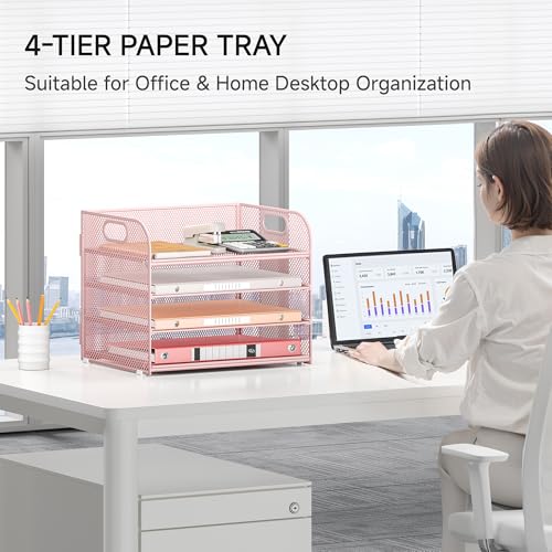 4-Tier Paper Organizer for Desk With Handle, Mesh Desktop File Tray, Office Classroom Organization and Storage - Pink - color: 4 Tier - Pink